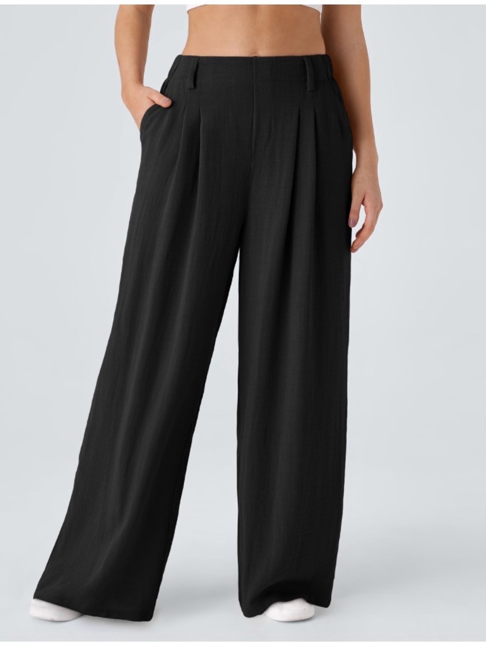 High-Waisted pocket wide leg flowy solid palazzo casual linen-feel black pants